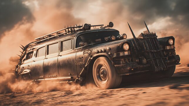 Mad Max-style antique limousine drifting through a dusty landscape