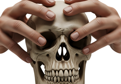 Human skull with hands on the head isolated on transparent background, a macabre concept