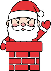 Cheerful cartoon santa claus waving from inside a red brick chimney