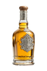 Alcohol bottle on white background, isolated glass container for beverage mockup and realistic 3D presentation.