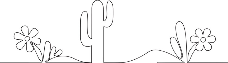 Cactus with flowers one continuous line art, Vector illustration, One line art, Line art graphic style