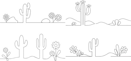 A group of Cactus with flowers one continuous line art, Vector illustration, One line art, Line art graphic style