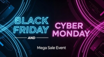 Black Friday and Cyber Monday neon text with mega sale event. Promotion, advertisement for shopping day. Retail and e-commerce marketing.