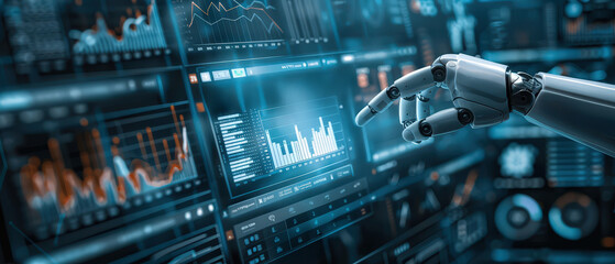 Close-up of a robotic hand interacting with holographic data charts and graphs. Concept of artificial intelligence, big data analysis, automation, and futuristic digital technology.