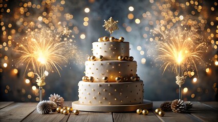 New Year cakes with Christmas theme shining lights and decorations delicious desserts symbolizing celebration joy and cozy holiday atmosphere