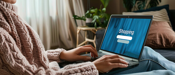Close up of a womans hands typing on a laptop with a large Shopping button on the screen. Cozy home setting with plants and natural light, symbolizing e commerce and online shopping.