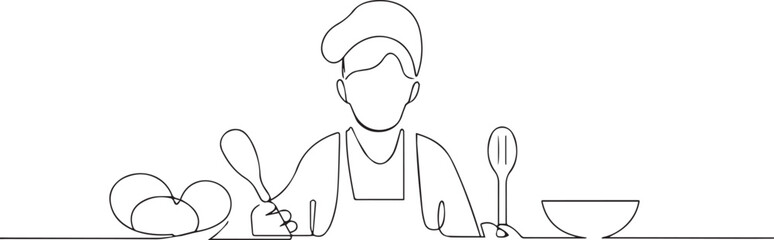 Chef cooking food one continuous line art, Vector illustration, One line art