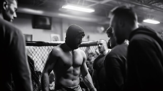 Muscular mixed martial arts fighter stands sweaty and focused in a black and white gym setting, surrounded by other men, preparing for combat or after a strenuous workout