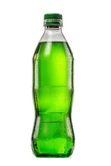 Green soda bottle without label, isolated glass container with sweet carbonated beverage on white background.