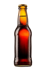 Brown beer bottle, isolated glass container for beverage mockup on white background, realistic 3D presentation.