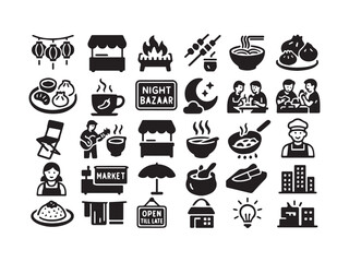Asian Night Bazaar  Street Food Glyph Icons - Dumpling Noodle Lantern and Urban Market  Set