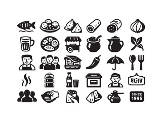 South Asian Street Food and Snacks Glyph Icons Set - Vendor Market and Traditional Cuisine Vector