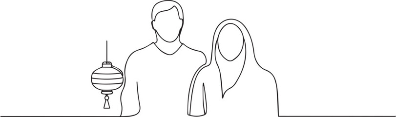 Couple holding lantern one continuous line art, Vector illustration, One line art