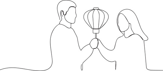 Couple holding lantern one continuous line art, Vector illustration, One line art