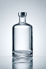 Clear vodka bottle without labels, isolated transparent glass container for product mockup on a clean background.