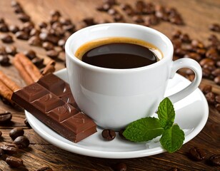 Coffee in a cup, chocolate, mint, cinnamon on a wooden table