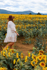 Lady with hat in summer dress walking in field of sunflowers