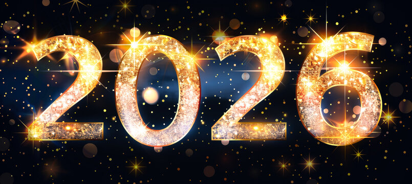 Golden sparkling 2026 numbers shine brightly with fireworks and festive lights against a dark blue background, symbolizing celebration and the New Year.
