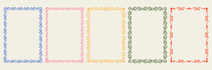 Collection of colorful rectangular decorative frames with vintage curls. Hand drawn ornamental borders in various pastel colors for cards, invitations, posters.