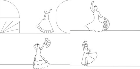 A group of  Flamenco dancer one continuous line art, Vector illustration, One line art, Line art graphic style