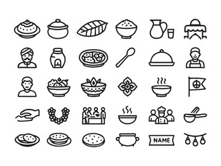 Traditional Indian Food Culture and Dining Glyph Icons - South Asian Cuisine and Hospitality Vector Set