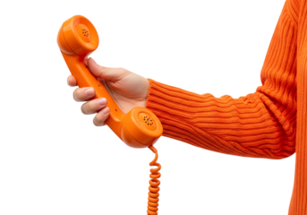 Woman holding an orange vintage telephone isolated on transparent background communication concept