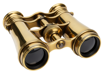 Vintage brass binoculars isolated on transparent background, a classic optical instrument for viewing