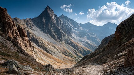 Majestic mountain range bathed in golden hour light, revealing rugged peaks and vast, dramatic valleys under a clear blue sky.