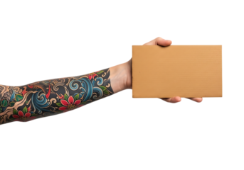 Close up of a tattooed arm holding a brown envelope isolated on transparent background