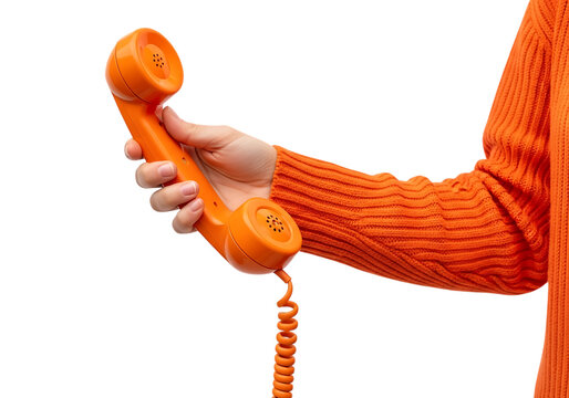 Woman holding an orange vintage telephone isolated on transparent background communication concept