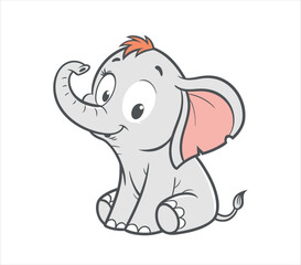 Vector art of a cute cartoon elephant sitting with its trunk raised, looking happy and friendly