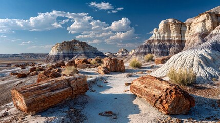 Vibrant Petrified Forest landscape showcasing ancient fossilized wood logs scattered among colorful badlands under a clear blue sky
