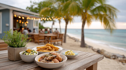 Tropical Culinary Paradise: Captivating shot of a table adorned with an array of delectable dishes set against a vibrant beachside restaurant.