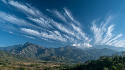 Stunning wispy clouds paint a dramatic sky above majestic, layered mountains and lush green valleys, inspiring awe and adventure.