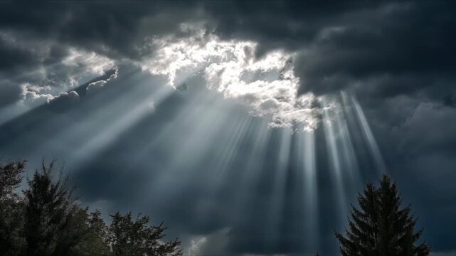 雲の隙間から差し込む幻想的な光が森を照らす天使の梯子「生成AI」