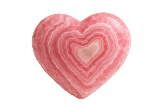 Pink rhodochrosite crystal heart gemstone mineral polished closeup isolated on white background healing stone love concept romantic energy crystaltherapy precious gem 
