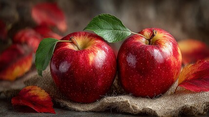 Two ripe red apples with fresh green leaves and autumn foliage rest on rustic burlap, evoking harvest and natural goodness.