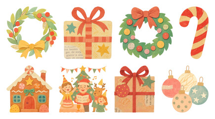 Fototapeta premium PNG Festive vintage Christmas illustrations, element set on transparent background
