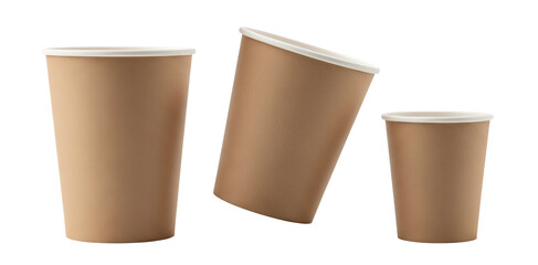 Collection of three brown disposable paper coffee cups isolated for product mockup display.