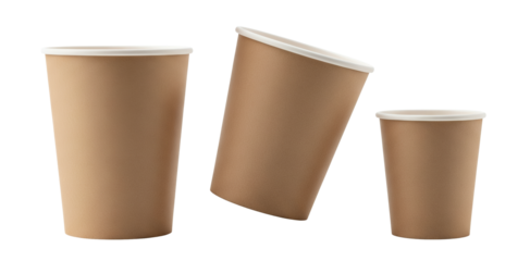 Collection of three brown disposable paper coffee cups isolated for product mockup display.