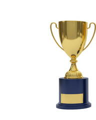 Golden victory award trophy with reflective finish and dark blue pedestal isolated object.