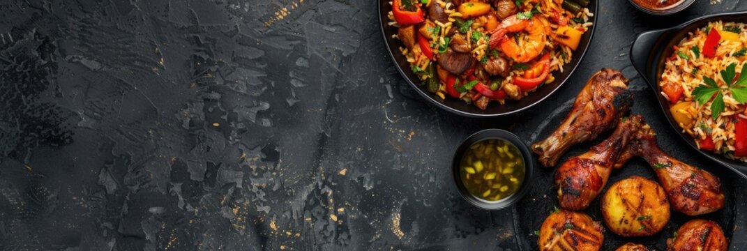 A vibrant spread of Nigerian dishes for Independence Day celebration. jollof rice, grilled chicken, and assorted vegetables on a dark background, horizontal banner, copy space, free space for text