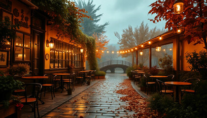 Street cafe. Street cafe without visitors in autumn