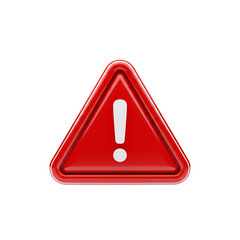 Vibrant red glossy alert symbol, a 3D rendered triangular warning icon for interface design.