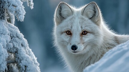 Stunning Arctic fox emerges from snowy branches, captivating gaze in winter wonderland, perfect for nature exploration and wildlife campaigns.