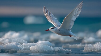 Graceful arctic tern soars over icy waters, wings spread wide in a stunning display of natural freedom and wild beauty