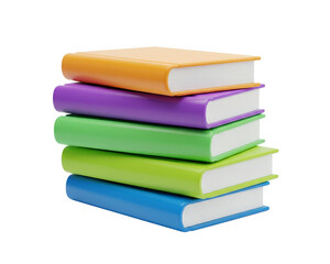 Stack of five colorful closed books rendered in 3D style, representing learning and education isolated on white.