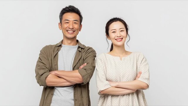 笑顔の男女カップルが腕を組み並ぶシンプルで爽やかな夫婦「生成AI」