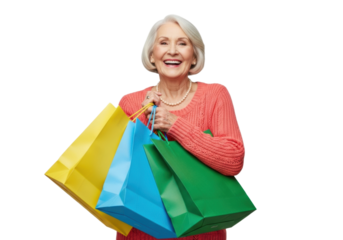 Smiling elderly woman holding a lot of shopping bags, isolated on transparent background