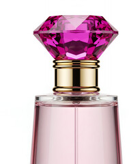 Close-up of a luxury perfume bottle featuring a faceted magenta diamond-shaped cap and gold accent